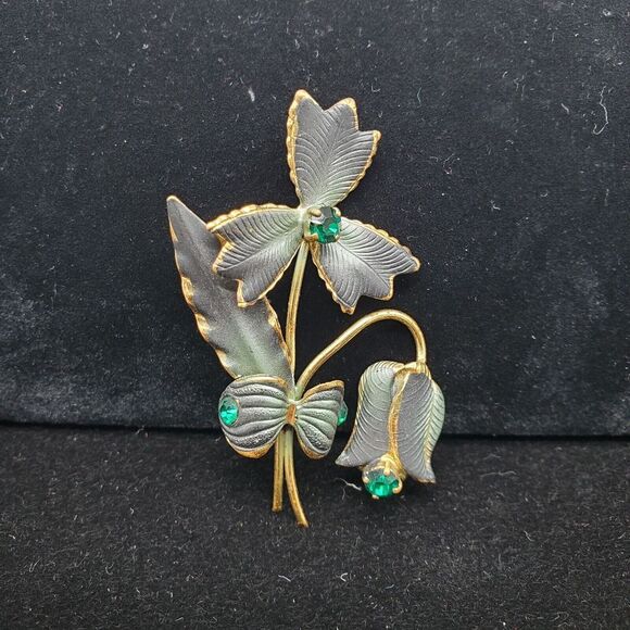 Vintage Made in Austria Plant Flower Brooch Pin‎ Gold Tone Aqua Rhinestones - Picture 1 of 7